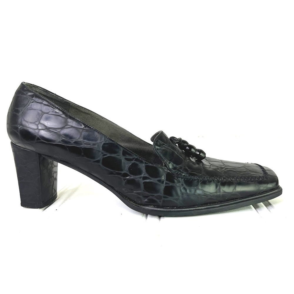 Stuart Weitzman  black leather block heels square toe vintage animal prints 8.5